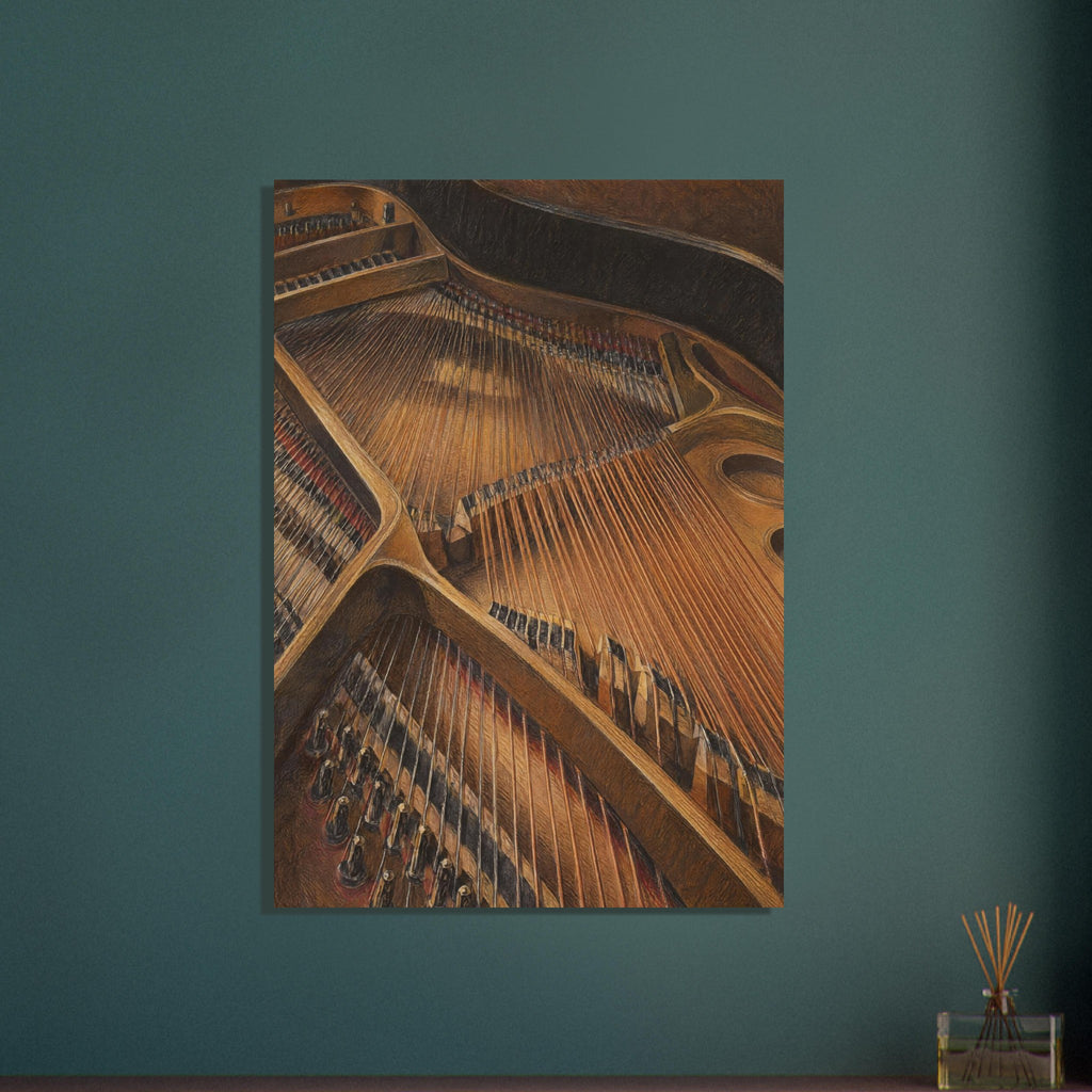 Piano interior with tightly spaced strings, tuning pins and curved supports in warm brown tones with dark shading.