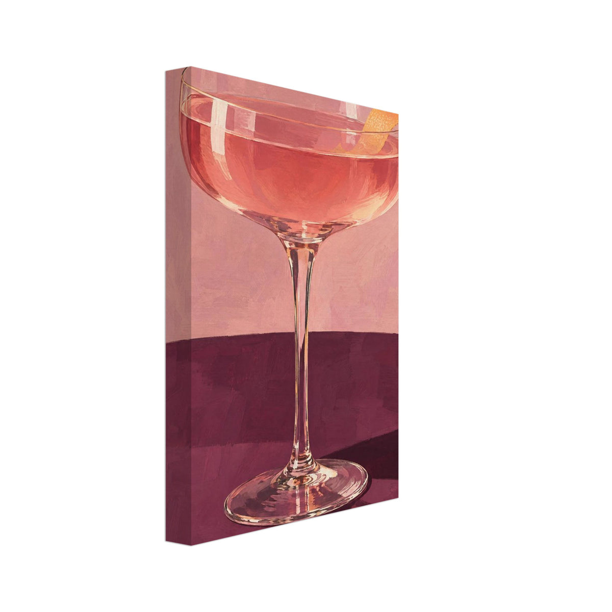 Coupe glass holding a pink cocktail with orange peel on a burgundy table against a textured pink background.