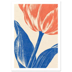 Coral tulip with a blue stem and sweeping blue leaves on cream, rendered with grainy texture and fine linear details.