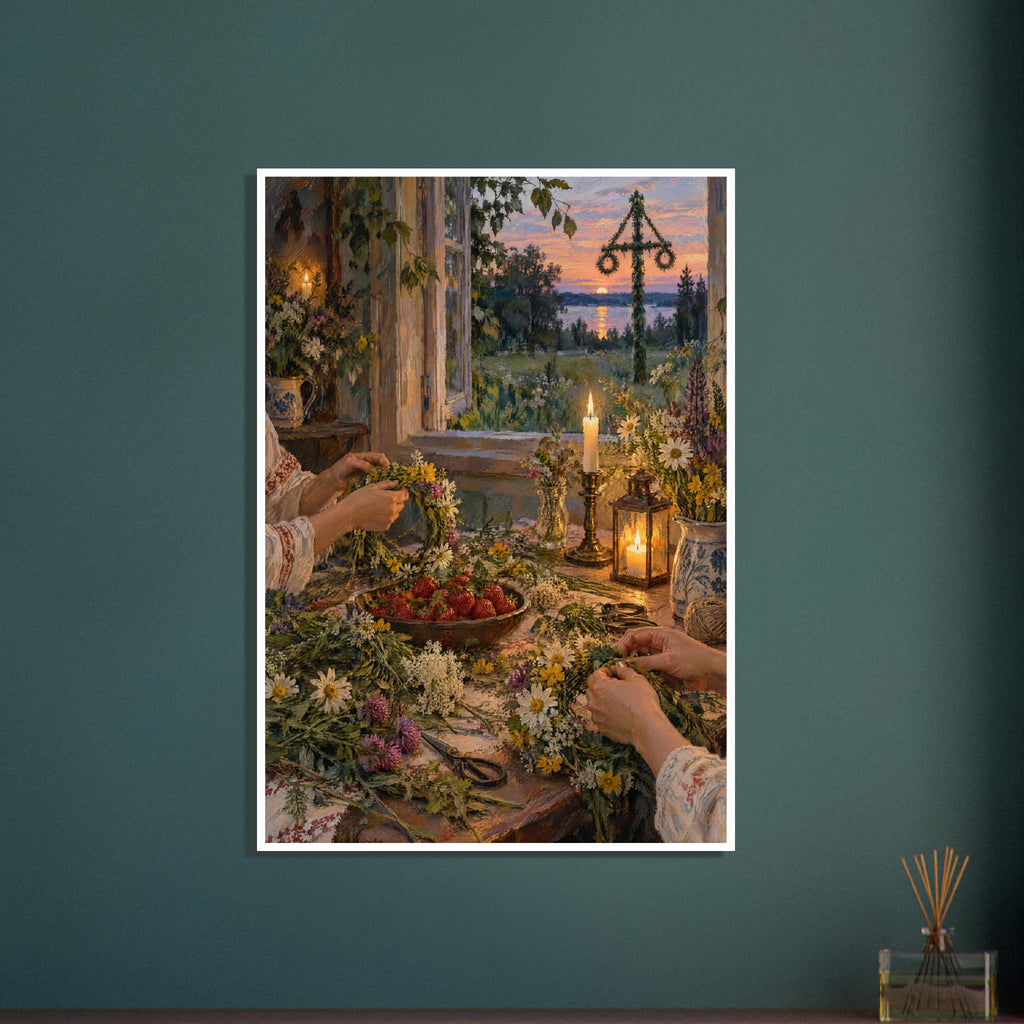 Hands weaving wildflower crowns at a candlelit table with strawberries, beside an open window overlooking water at sunset.
