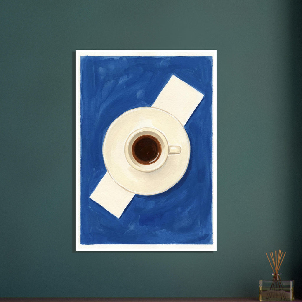 Espresso cup and cream saucer viewed from above on a diagonal pale napkin against a brushy blue background.
