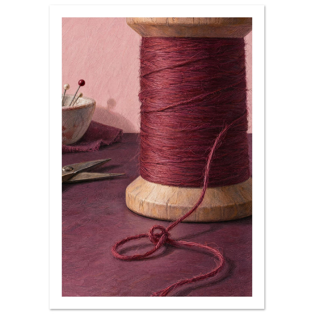 Wooden spool of burgundy thread with a loose looping strand, scissors and a bowl of pins against a pink background.