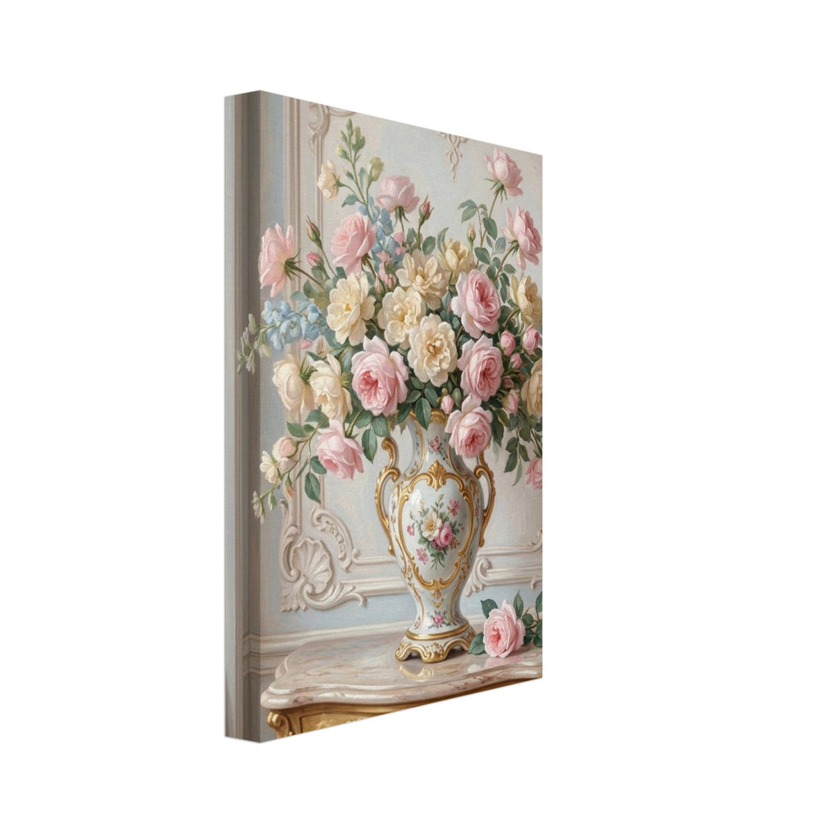 Pink and cream roses in a gold-trimmed floral vase on a gilded console table against ornate pale wall panelling.
