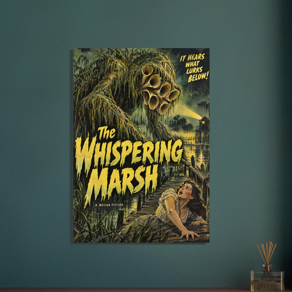 Moss-covered monster looms over a frightened woman on a marsh walkway beneath yellow lettering reading The Whispering Marsh.