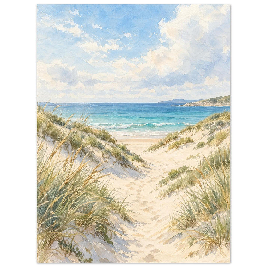 Sand dunes with grasses and footprints leading to turquoise waves beneath a blue sky with soft white clouds.