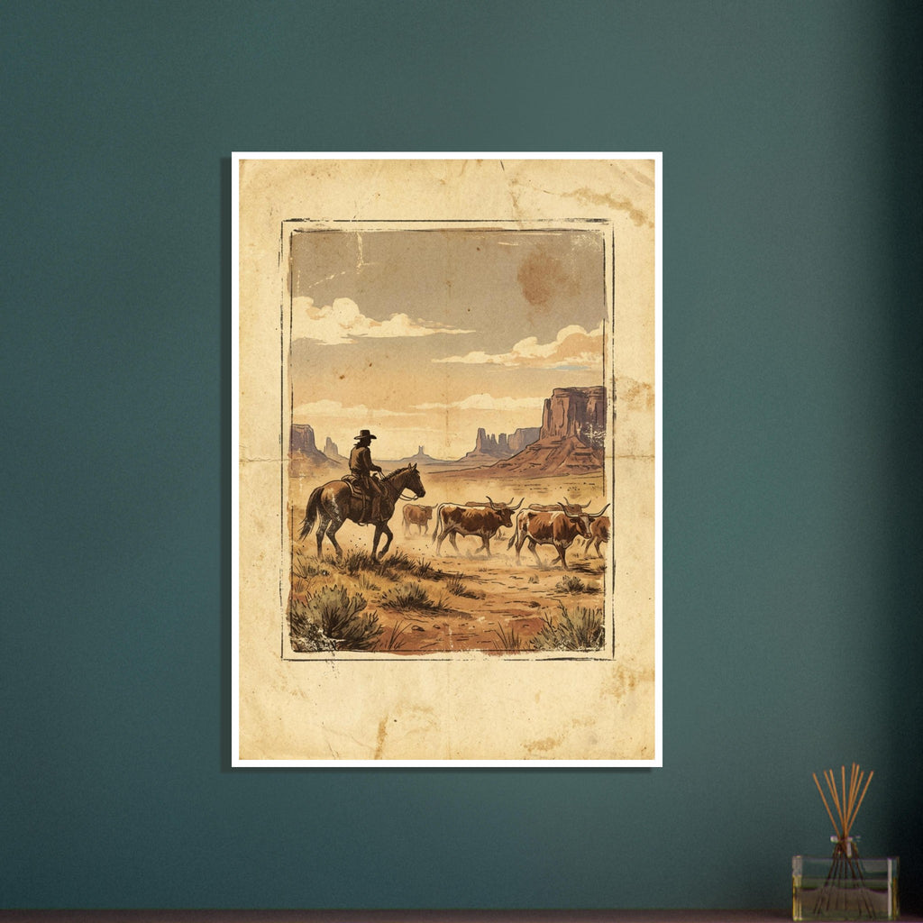 Cowboy on horseback herding longhorn cattle across a desert with rock formations, in warm tones with an aged-paper border.