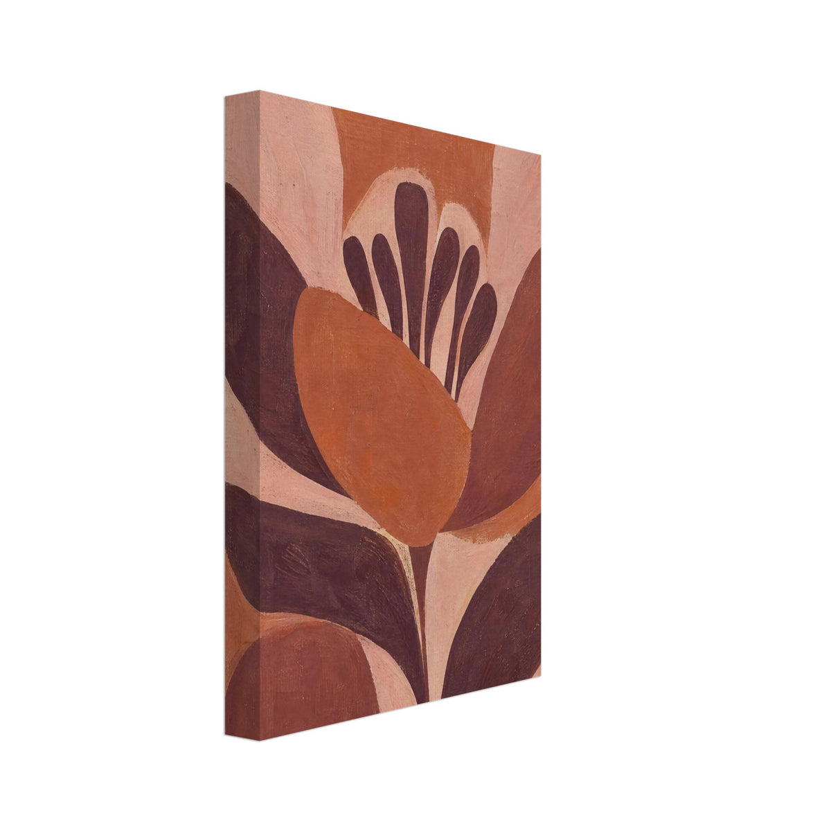 Stylised flower with terracotta and blush pink petals, dark burgundy stamens and leaves, and visible brush textures.