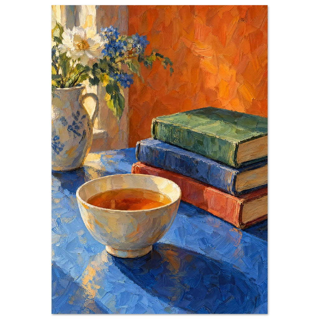 Bowl of tea beside stacked books and a jug of white and blue flowers on a blue table against an orange background.