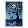Deer beneath a black tree with white blossom-like dots, a yellow moon in a blue sky and reflections in water below.