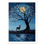 Deer beneath a black tree with white blossom-like dots, a yellow moon in a blue sky and reflections in water below.