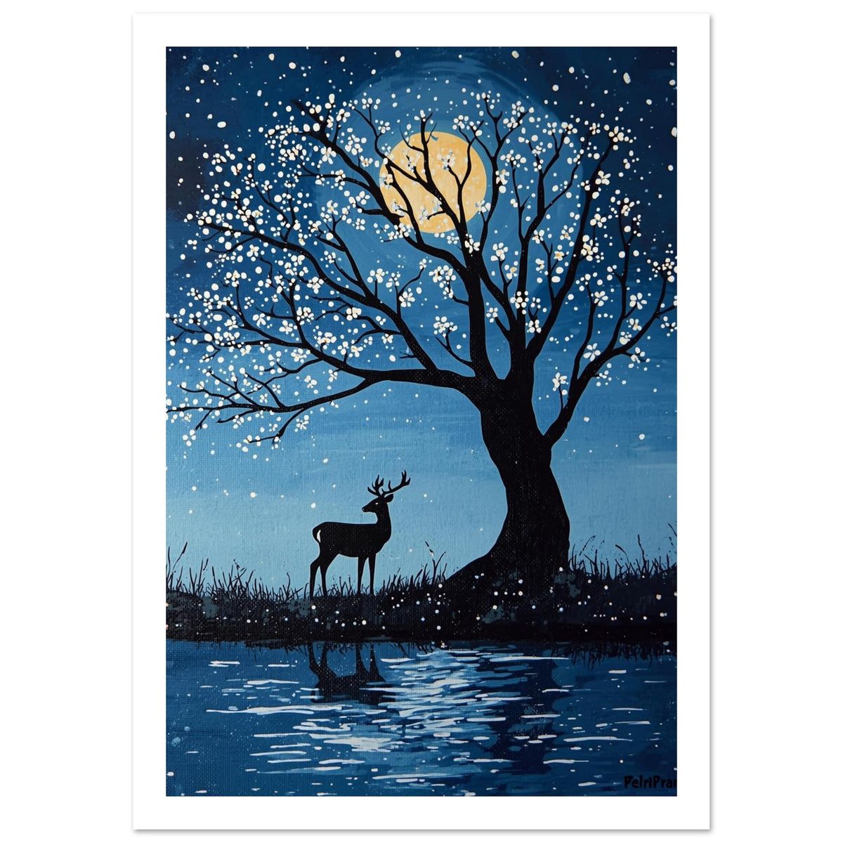 Deer beneath a black tree with white blossom-like dots, a yellow moon in a blue sky and reflections in water below.
