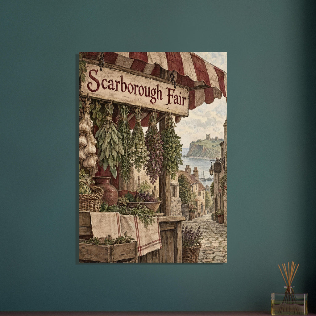 Scarborough Fair sign above a herb stall with hanging garlic, baskets and pottery beside a cobbled street overlooking the sea