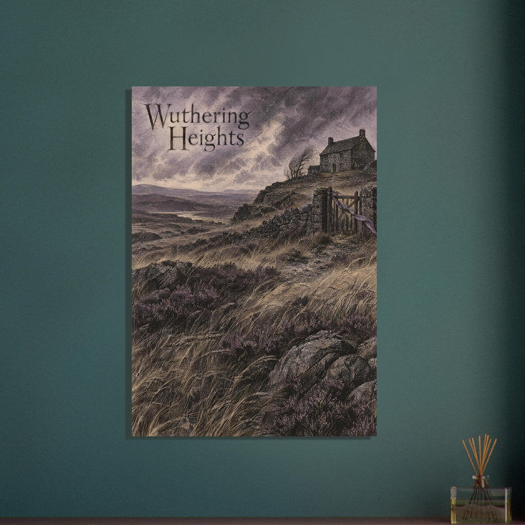 Wuthering Heights lettering above windswept moors, a stone house, rocky path and wooden gate beneath purple-grey clouds.