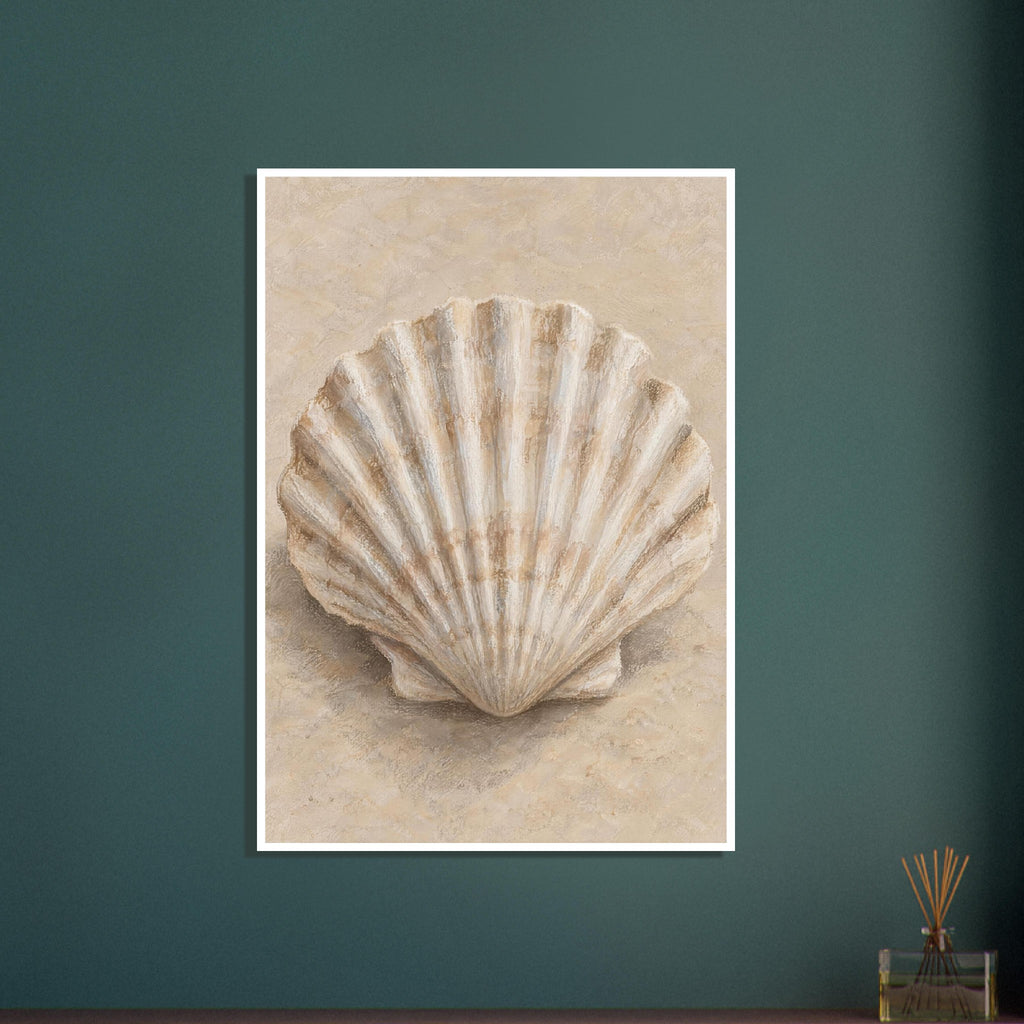 Fan-shaped scallop shell with cream ridges and brown shading on a softly textured beige background.
