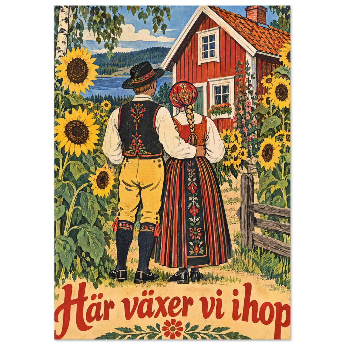 Ett par i folkdräkt sett bakifrån framför en röd stuga och höga solrosor med texten Här växer vi ihop.