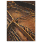 Piano interior with tightly spaced strings, tuning pins and curved supports in warm brown tones with dark shading.