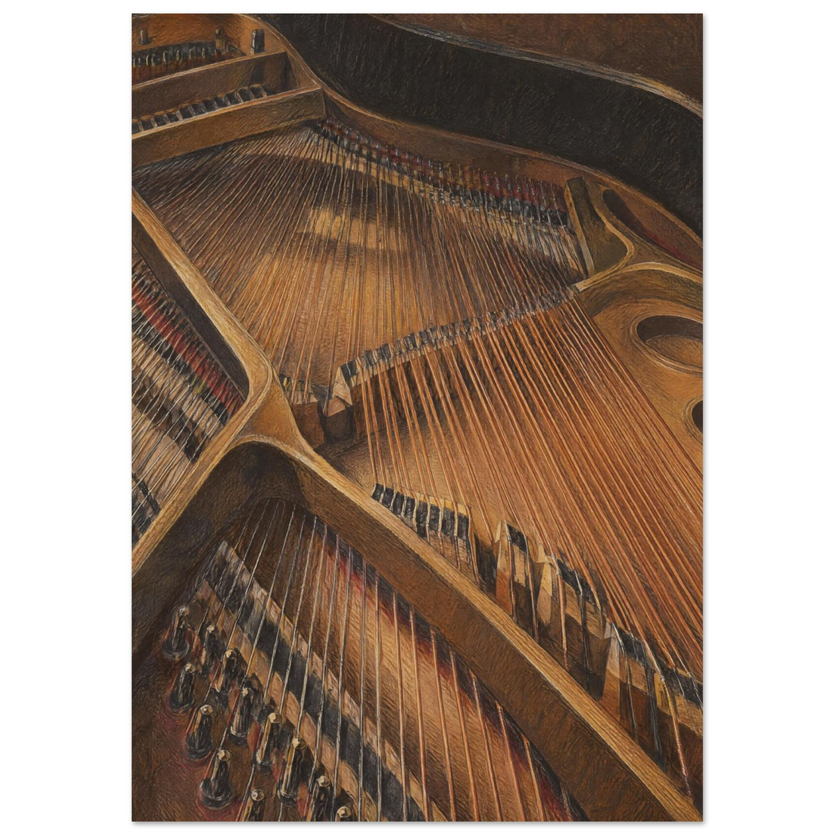 Piano interior with tightly spaced strings, tuning pins and curved supports in warm brown tones with dark shading.