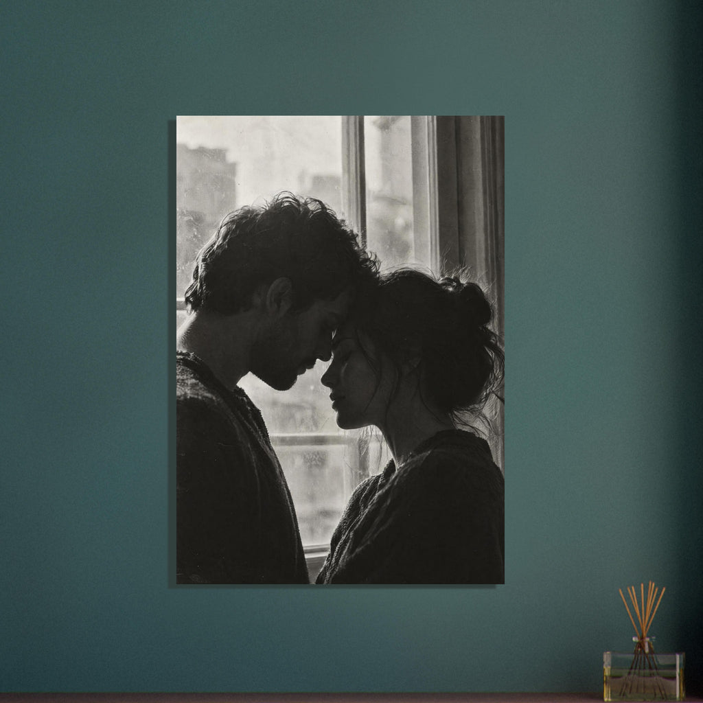 Black and white photograph of a couple touching foreheads beside a window, their profiles softly outlined by daylight.