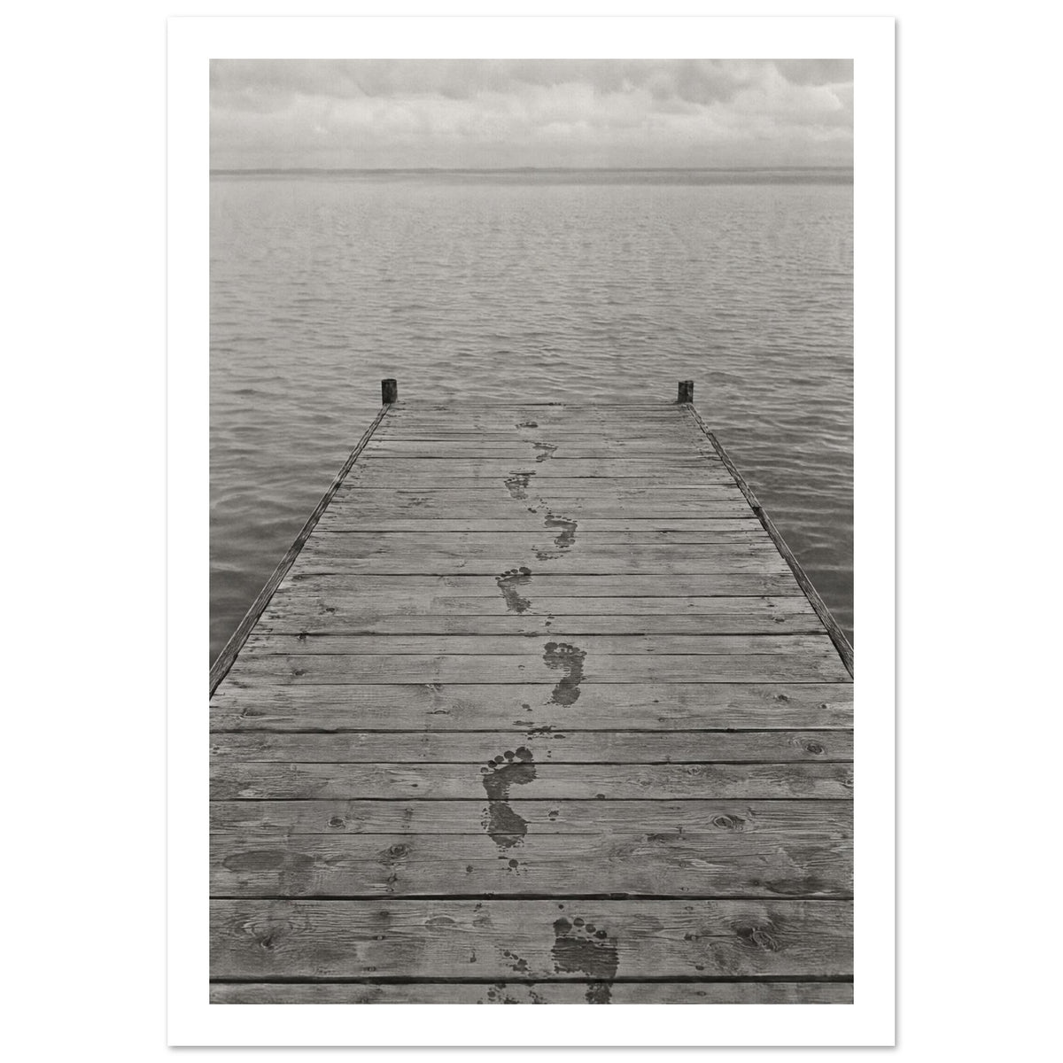 Lakeside Jetty Footprints Photography Art Print – White Border