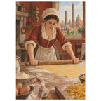 Woman rolling pasta dough in a rustic kitchen, with eggs, flour and cut pasta on the table and towers beyond the window.