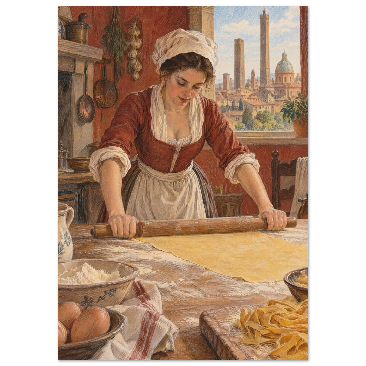 Woman rolling pasta dough in a rustic kitchen, with eggs, flour and cut pasta on the table and towers beyond the window.