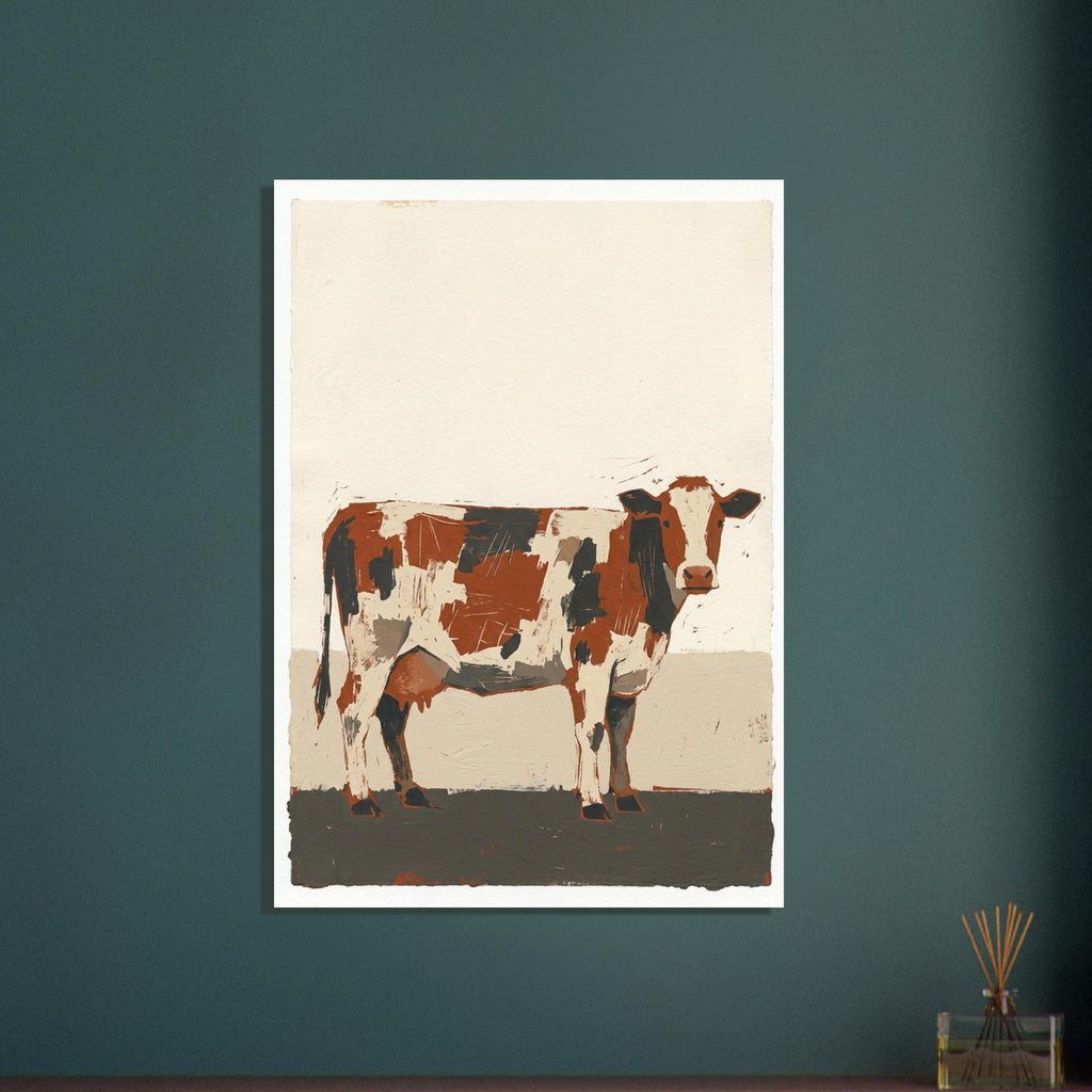 Standing cow in rust brown, cream and charcoal patches against a textured cream background and dark ground.