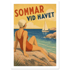 Seaside Swimmer Retro Art Print – White Border