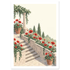Red poppies and trailing greenery border pale stone terrace steps, with terracotta pots and tall trees in pixel art.