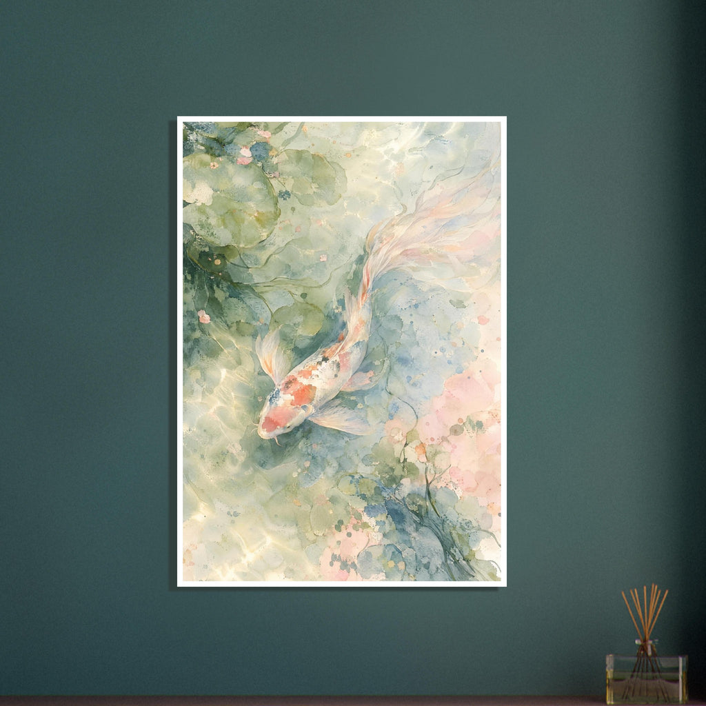 Long-finned koi with coral and dark markings swimming among lily pads in pale green, blue and blush watercolour washes.