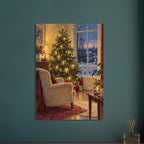 Christmas Eve by the Window shows a glowing tree and empty armchair beside a tall window, painted with thick contours and sma
