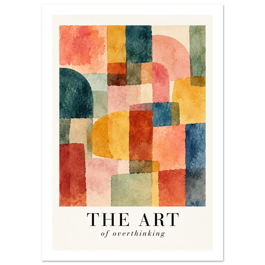 Geometric watercolour shapes in coral, yellow, teal and green above the black lettering ‘THE ART of overthinking’.