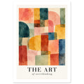 Geometric watercolour shapes in coral, yellow, teal and green above the black lettering ‘THE ART of overthinking’.