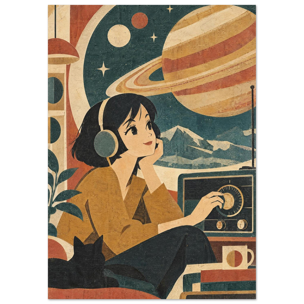 Saturn And Headphones Retro – illustration wall art print by Printavelle – close-up
