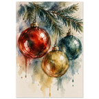 Watercolour painting of three vintage glass Christmas baubles hanging from a spruce twig