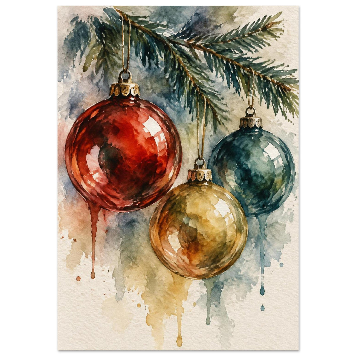 Watercolour painting of three vintage glass Christmas baubles hanging from a spruce twig