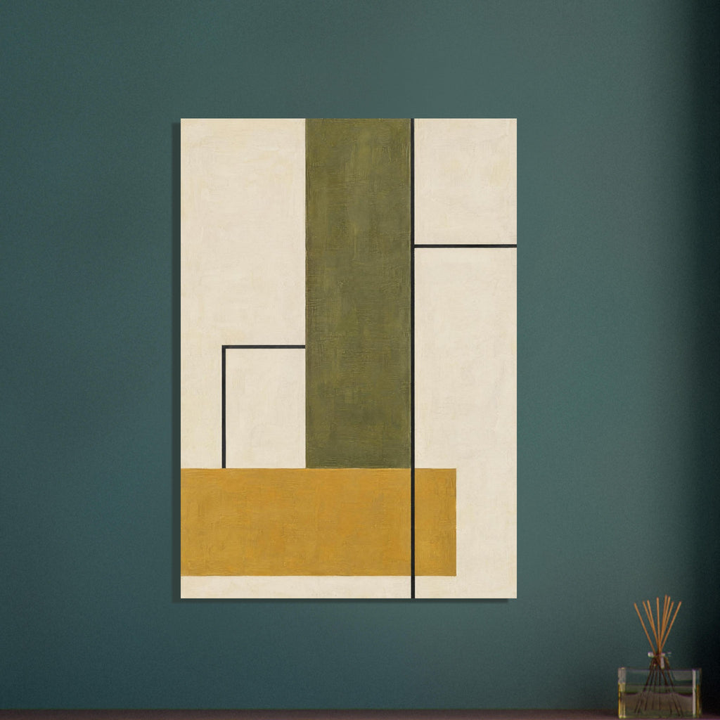 Olive vertical rectangle and ochre horizontal band on a textured cream background, intersected by thin black lines.
