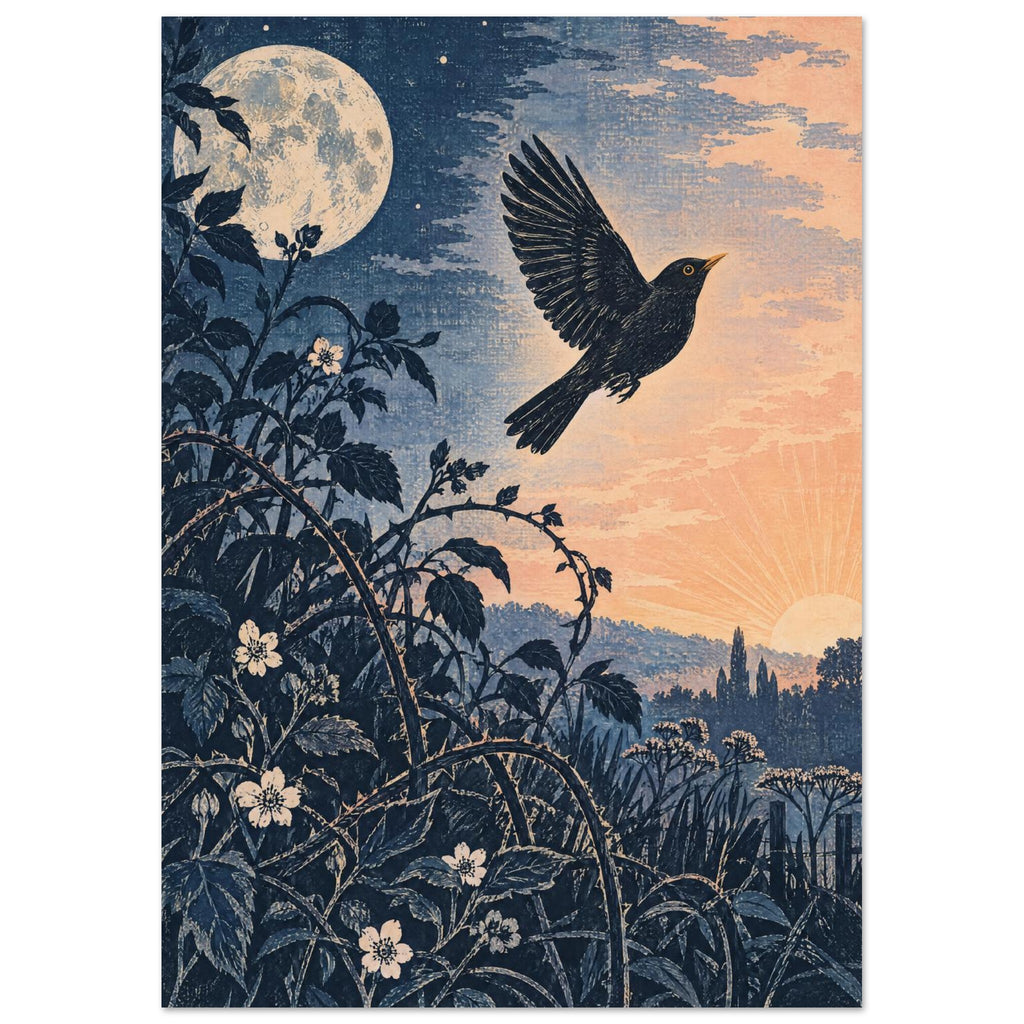 Blackbird in flight above flowering branches, with a pale moon and low sun against a textured navy and peach sky.