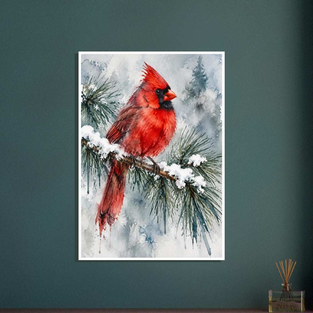 Red cardinal perched on a snowy pine branch, with green needles and soft grey-blue evergreen silhouettes behind.
