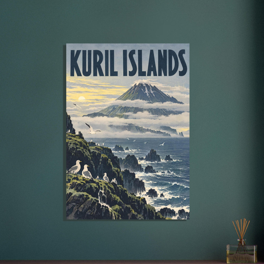 Kuril Islands lettering above a cloud-wrapped volcano, with gulls on rocky cliffs and waves breaking around sea stacks.