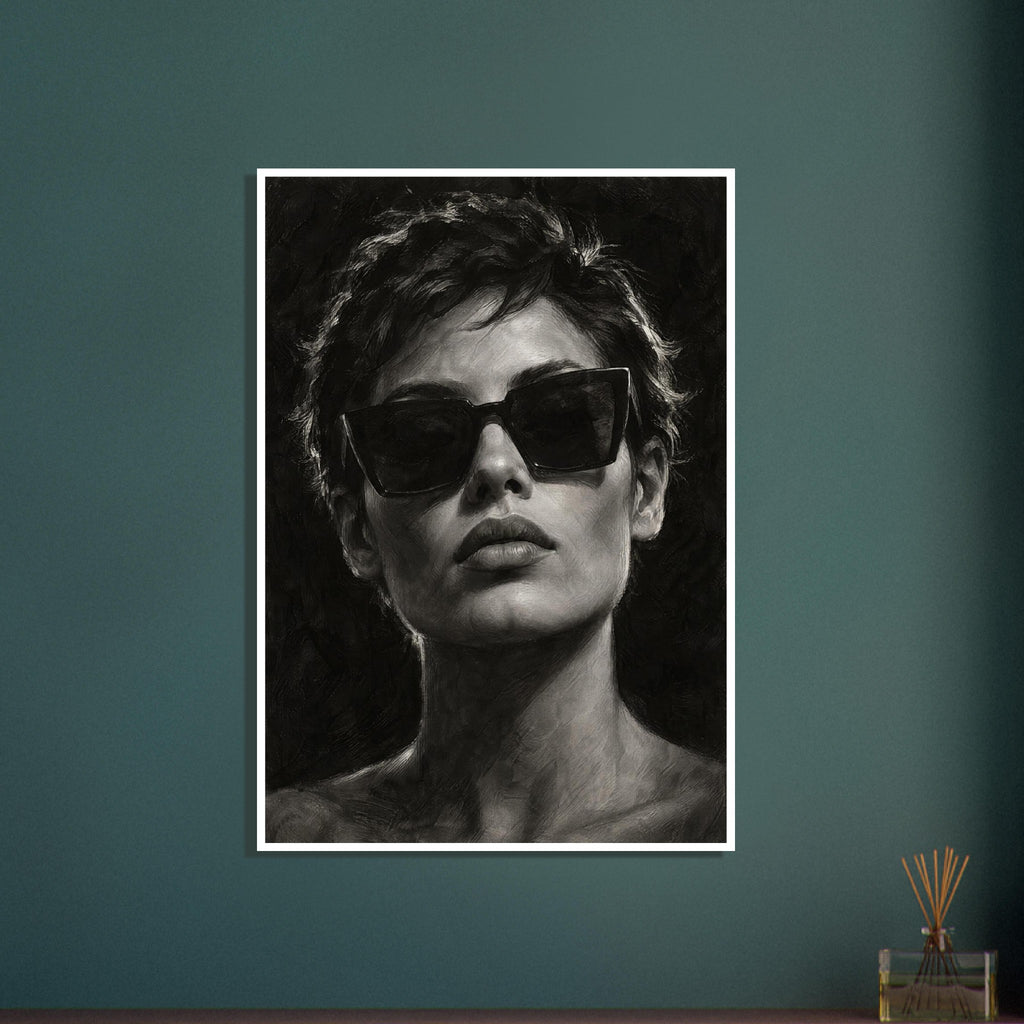 Behind the Sunglasses, a tightly cropped frontal face wearing large geometric sunglasses, with rim-lit short hair against bla