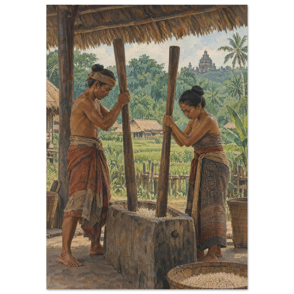 Two figures pounding grain in a wooden mortar beneath a thatched roof, with green fields and a distant temple behind.