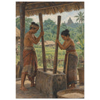 Two figures pounding grain in a wooden mortar beneath a thatched roof, with green fields and a distant temple behind.