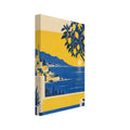 Lemon tree in a terrace planter overlooking a blue sea, hillside village and low sun, rendered in yellow, blue and cream.