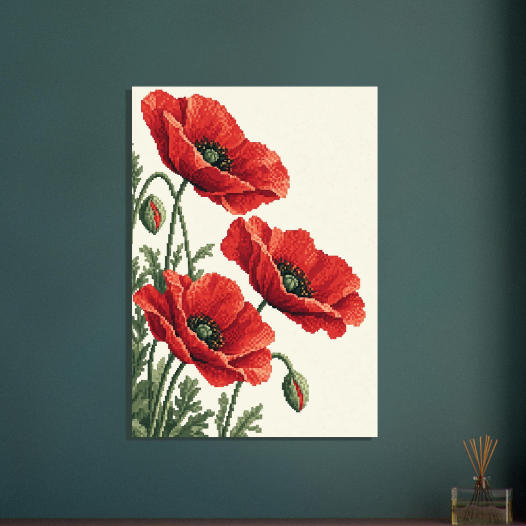 Three red poppies with dark centres, green stems, leaves and two buds, rendered in pixel-like squares on cream.