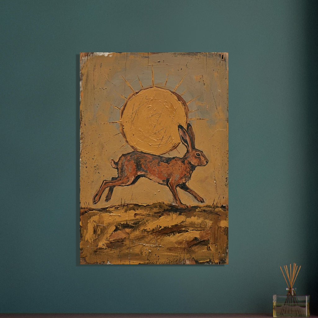 Brown hare leaping beneath a large ochre sun, with textured brushwork and scratched marks across an earthy background.