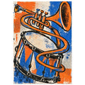 Orange trumpet with looping tubing above a blue and orange drum, with distressed black outlines on a cream background.