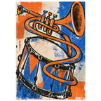 Orange trumpet with looping tubing above a blue and orange drum, with distressed black outlines on a cream background.