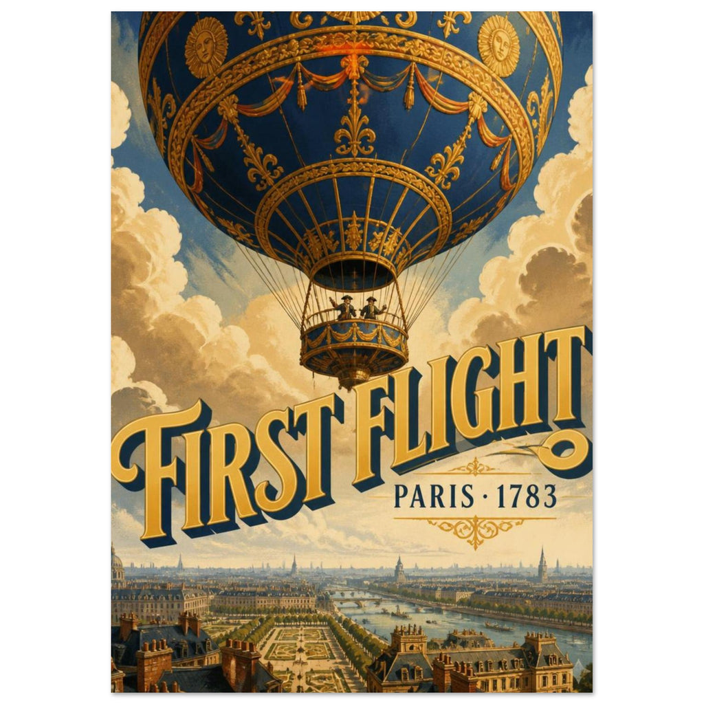 Ornate blue and gold hot air balloon above a city and river, with ‘First Flight’ and ‘Paris · 1783’ lettering.