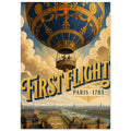 Ornate blue and gold hot air balloon above a city and river, with ‘First Flight’ and ‘Paris · 1783’ lettering.