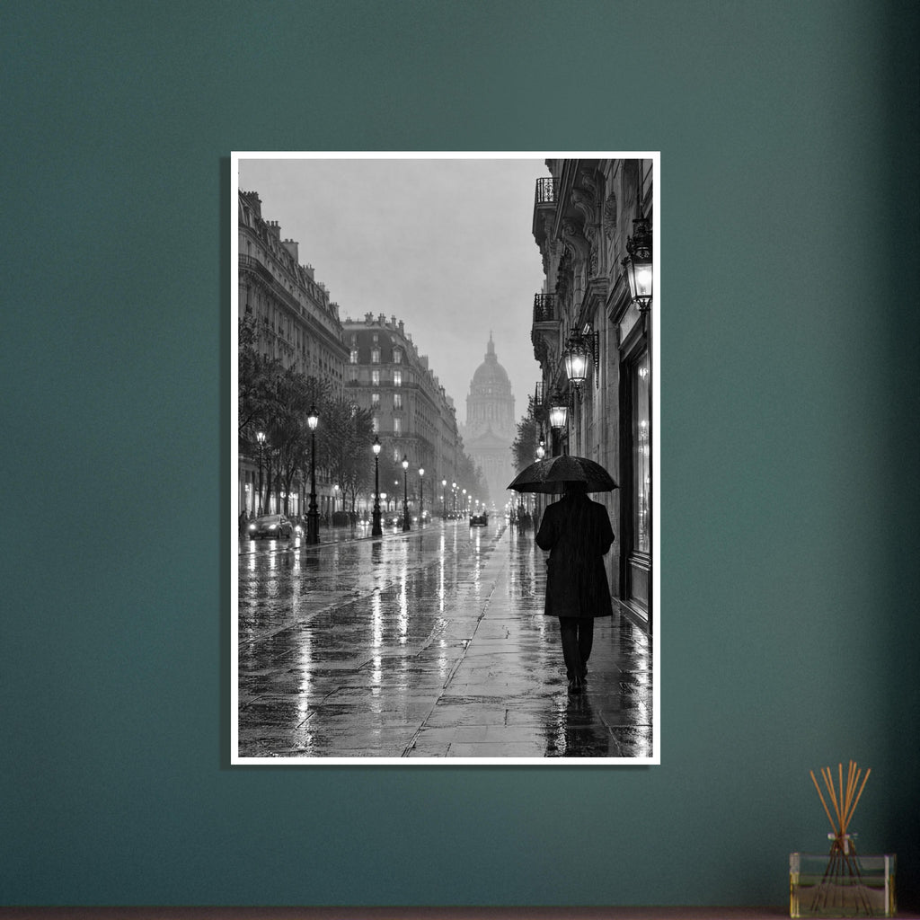 Umbrella-carrying figure on a rainy boulevard with ornate buildings, glowing lamps and wet street reflections in black and wh